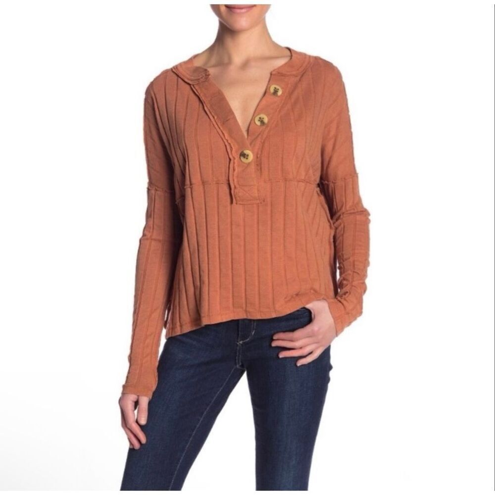 Free People In The Mix Henley Ribbed Long Sleeve Shirt in Horizon Orange Size La